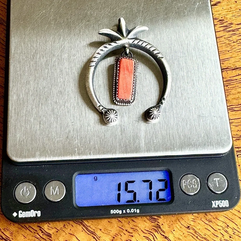 Navajo Naja Pendant Orange Spiny Oyster Signed MC 2in Sterling Squash Blossom